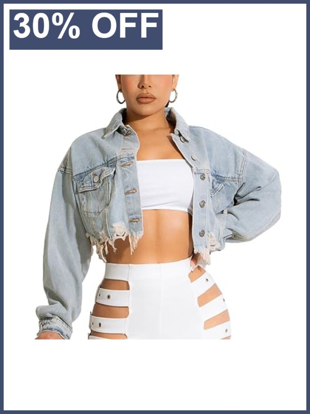 Women's Cropped Denim Jacket Button Up Distressed Ripped Frayed Hem